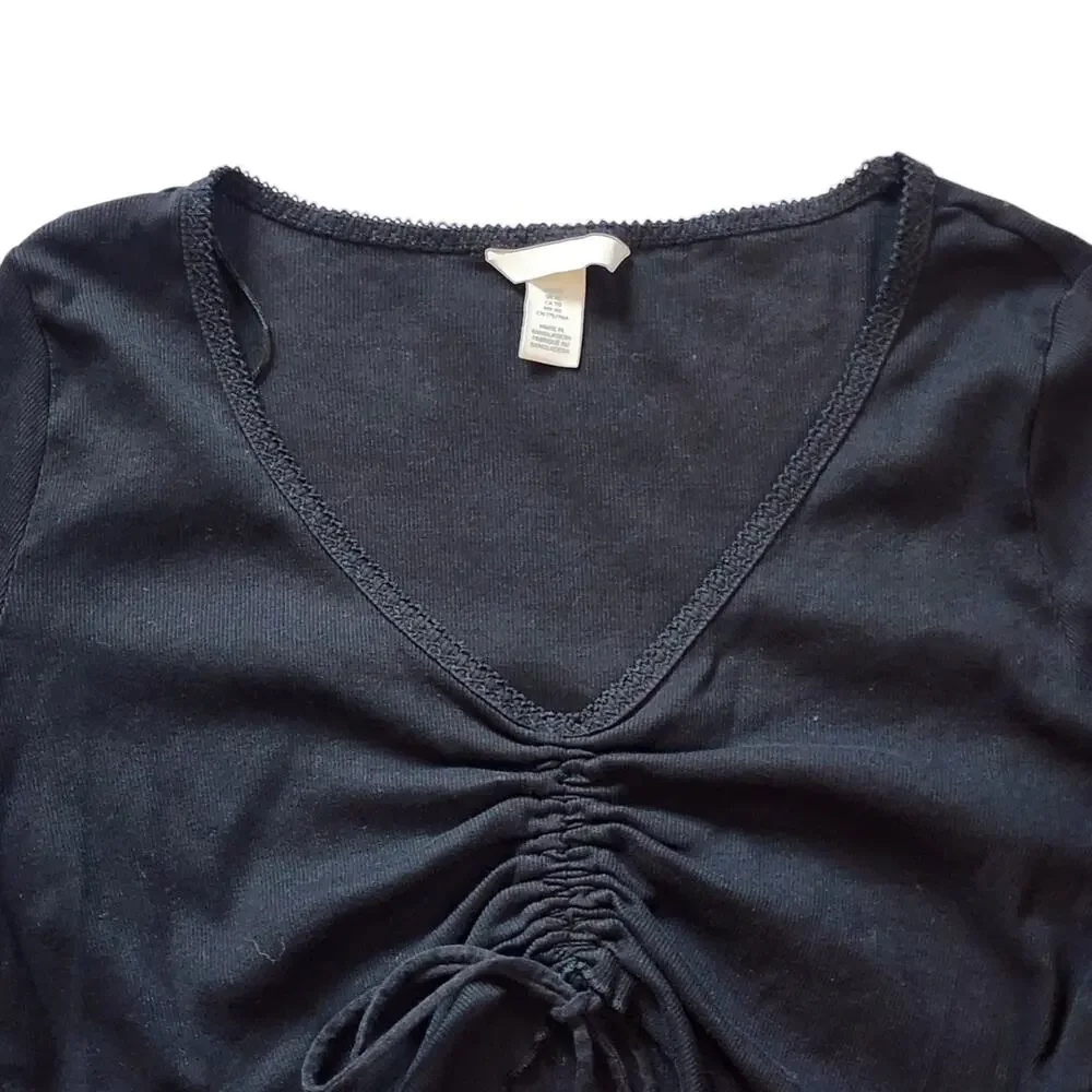 H&M Womens Long Sleeve Crop Top Size XL Black Ruched Drawstring Front Pullover